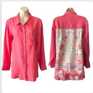 Karyn Seo Boho Tunic Handmade 100% Linen Shirt Large Coral Buttons Floral Back